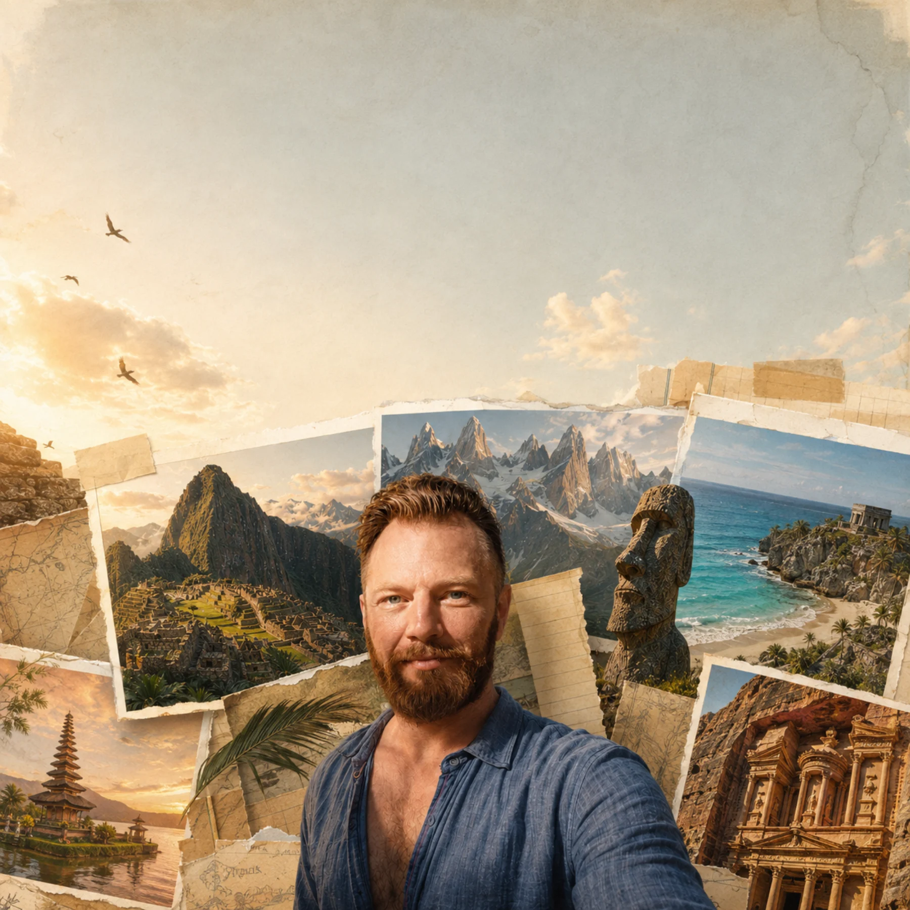 Alex surrounded by postcards from places around the world