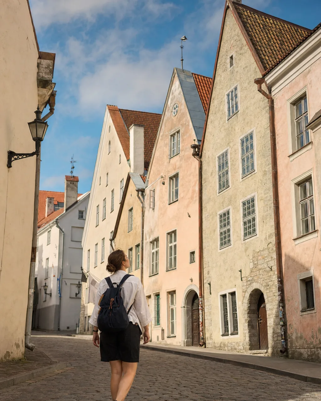 Traveler looking up at Tallinn's tall medieval merchant houses