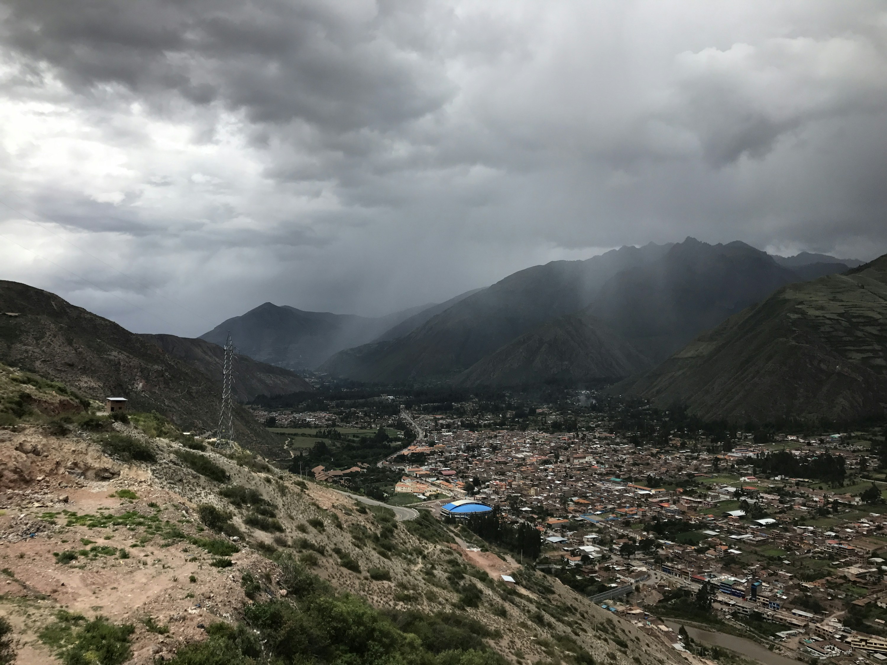 Urubamba town and the Sacred Valley beneath dark Andean clouds