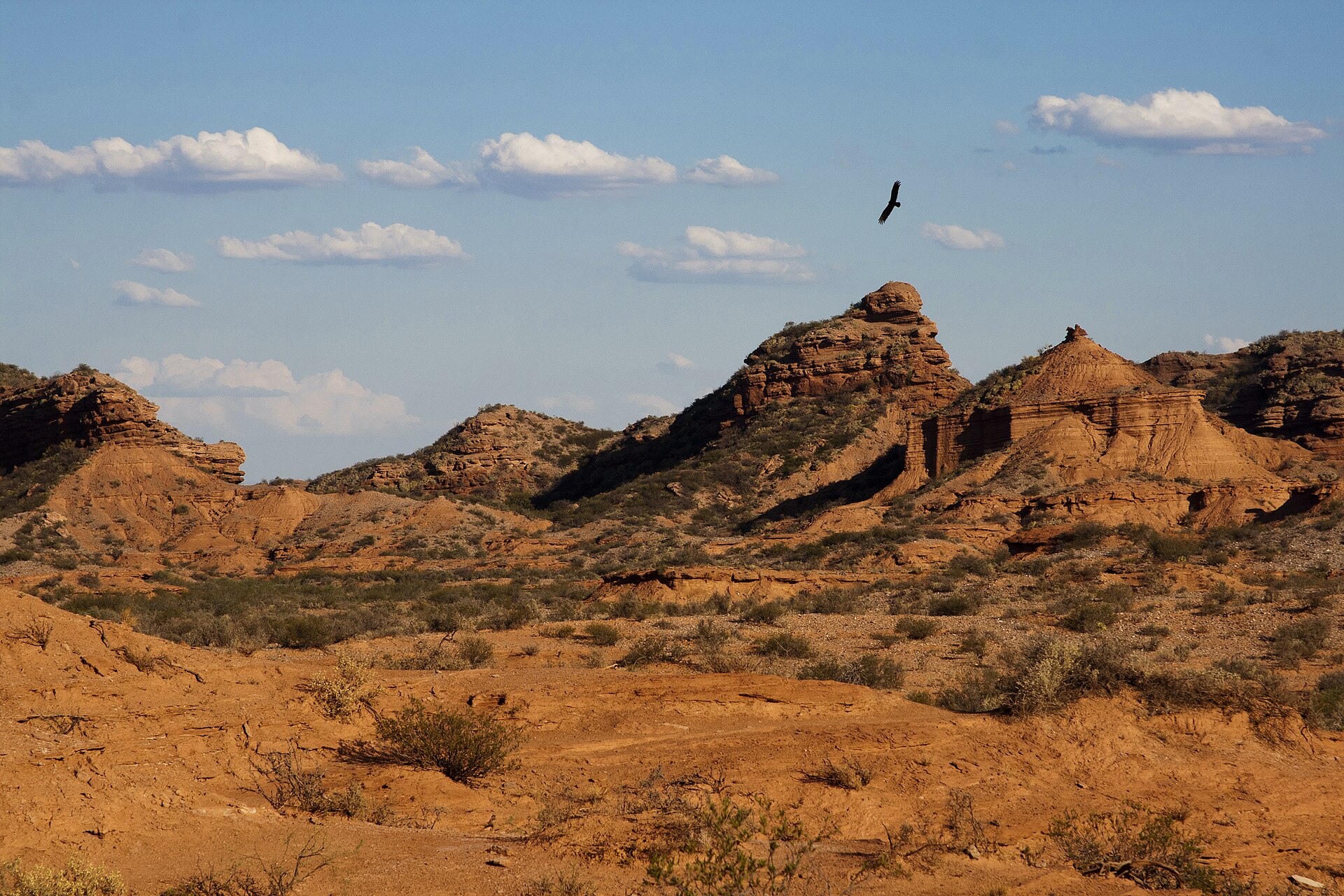 Red cliffs and dry basin in Sierra de las Quijadas